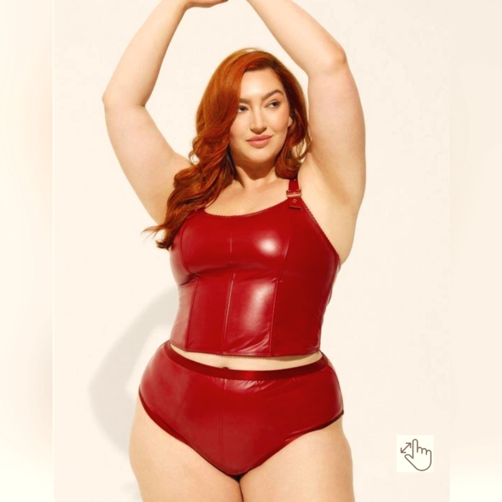 Vegan leather buckle strap bustier w/ matching panty set deep red 1X lingerie